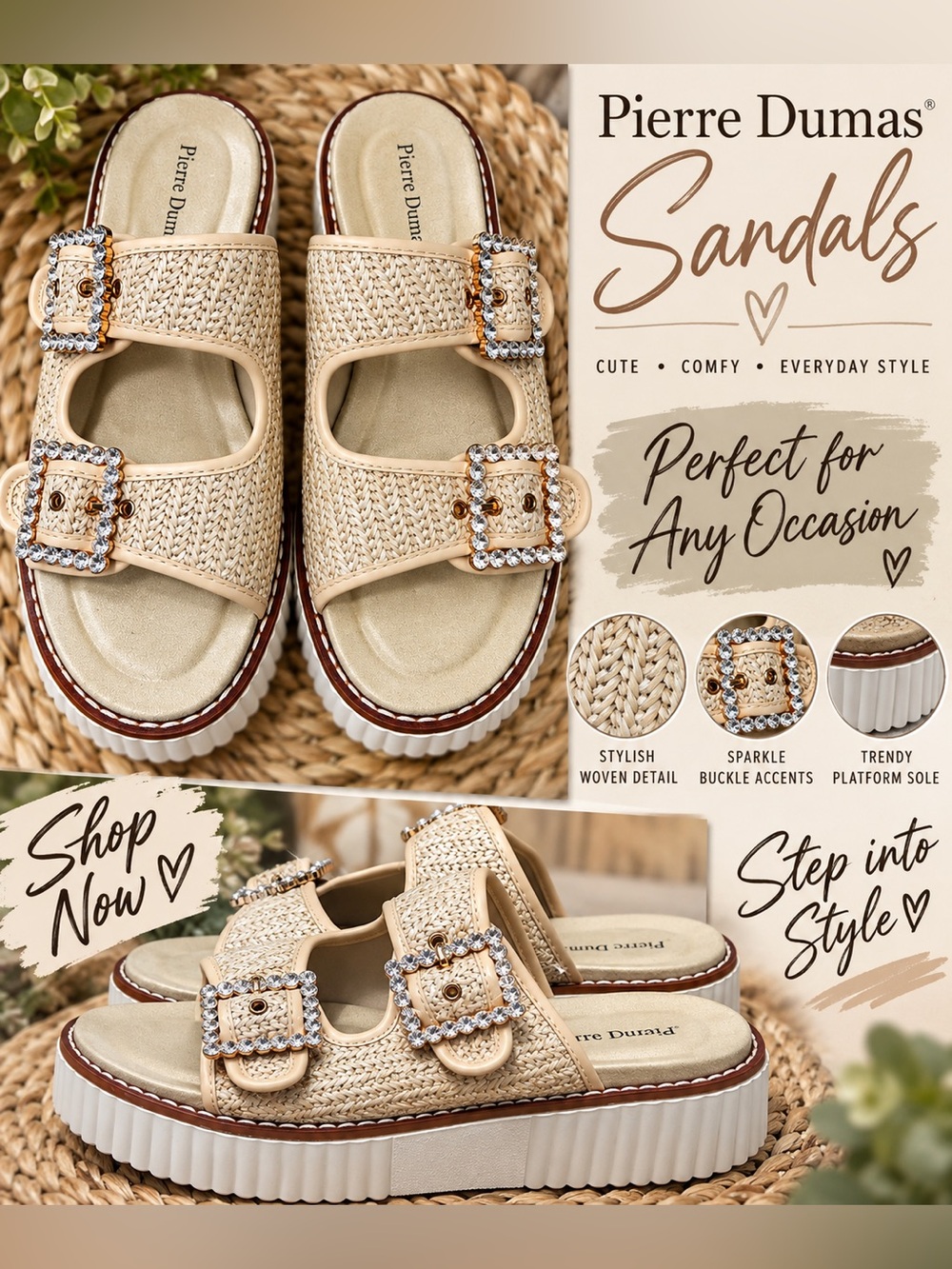 Pierre Dumas Beige Raffia Slide Sandals with Rhinestone Buckles
